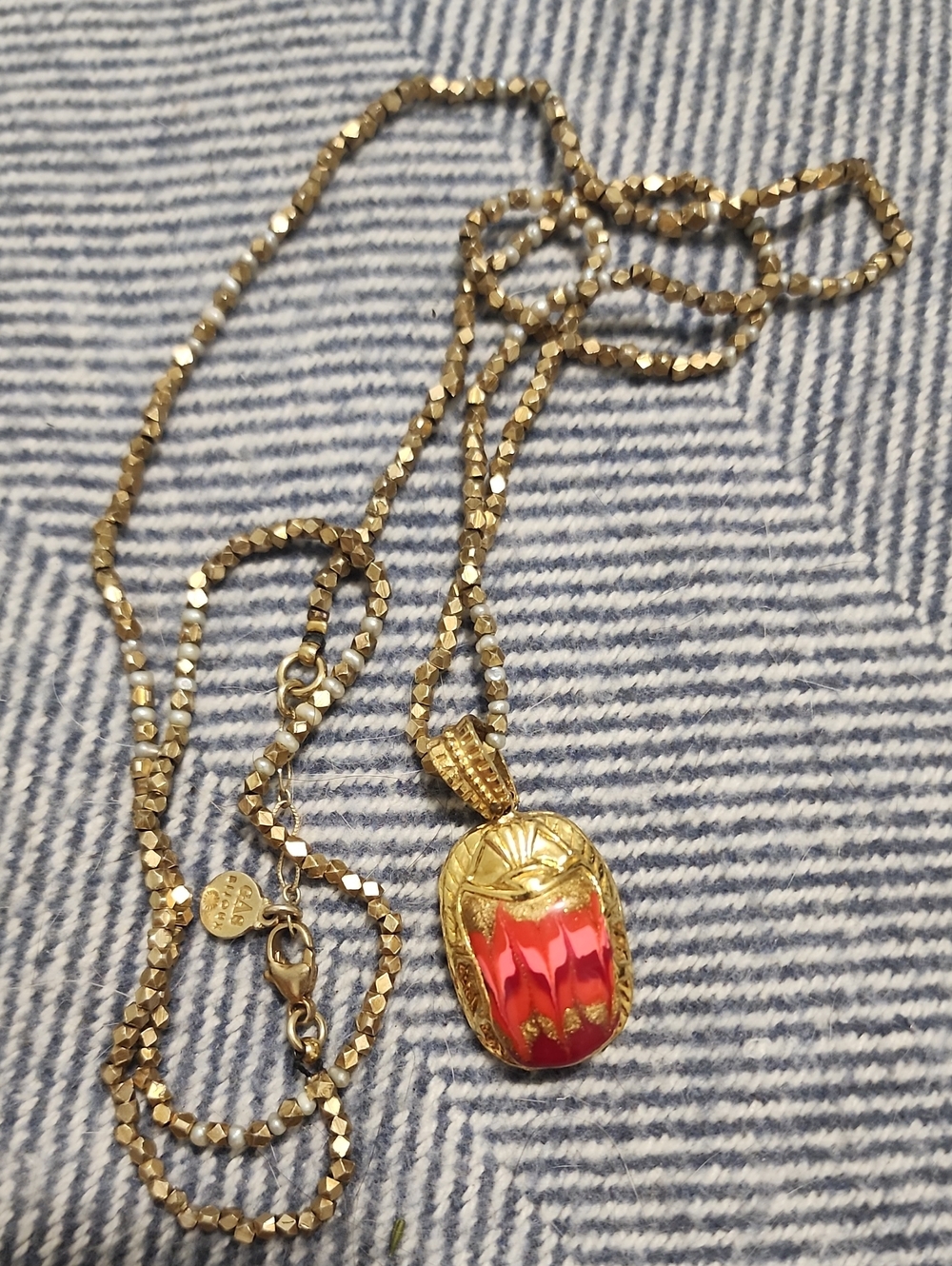 Gold-Tone Necklace with Pink Scarab Pendant